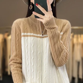 100% жилетка от чиста вълна дамска есен и зима полувисоко гърло обрат хлабав цвят съвпадение плетен кашмирен пуловер