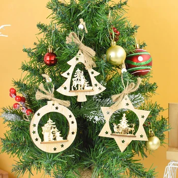1Pc Коледна дървена висулка 3D кух елен Дядо Коледа висящи орнаменти за домашно парти Коледно дърво декорации Noel подаръци 2024