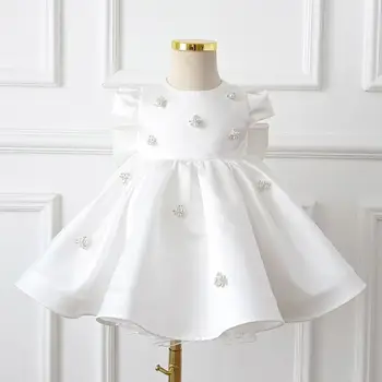 2023 Бяло цвете момичета рокля за сватби Детско кръщение Принцеса костюм Детска рокля за първи рожден ден Кръщене
