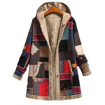 2023 Дамски пуловер с качулка с памучен и ленен принт с топло плюшено яке