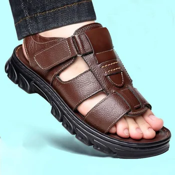 2023 Ежедневни летни плажни обувки за мъже Сандали от естествена кожа Чехли от кравешка кожа Мека подметка Нехлъзгащ се Sandalias Zapatos Hombre