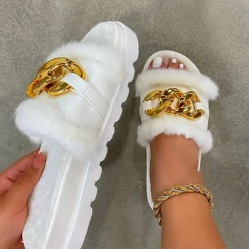 2023 Зимни плюшени чехли мода отворени пръсти плътен цвят дамски сандали метална верига открит случайни дамски обувки модни обувки