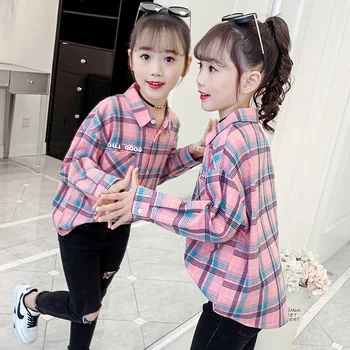 2023 Корейска пролет есен младши момиче памук карирана риза дълъг ръкав карирана риза малко момиче хлабав ревера яке топ риза