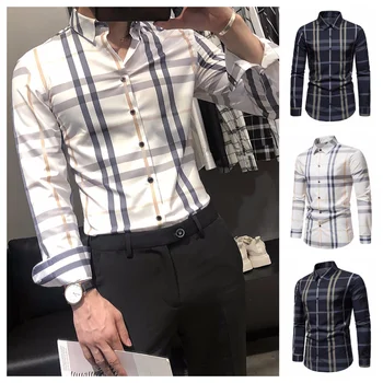 2023 Нова мъжка риза Stripe Plaid Loose Business Casual Висококачествени ризи Черно-бяла тениска с дълъг ръкав мъже