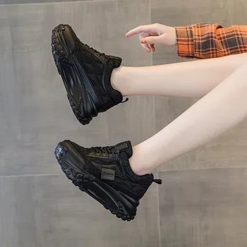 7cm супер висока дебела пета платформа апартаменти жени ежедневни обувки естествена кожа мека висококачествена случайни обувки маратонки бял черен