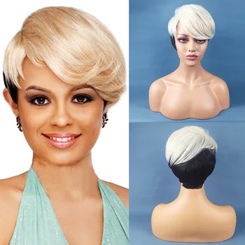 9Style Short Mix Blonde & Black Straight Curly Hair Wig with Bangs For Women's Christmas Halloween Cosplay Costume Party Wigs