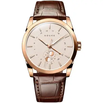 AOUKE Мъжки автоматични часовници, луксозен часовник за мъже мода самостоятелно вятър механичен ръчен часовник сапфир огледало кожена каишка