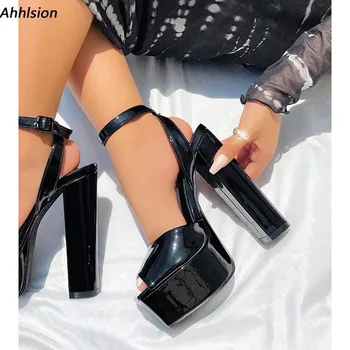 Ahhlsion Ръчно изработени жени летни лъскави сандали водоустойчив блок високи токчета Peep Toe красиви черни обувки дами САЩ плюс размер 5-20