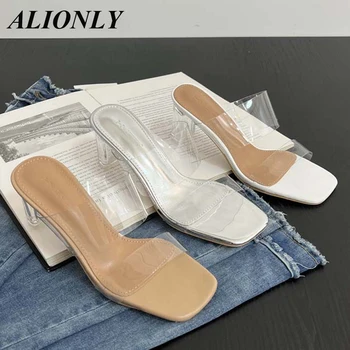 Alionly кристал петата среден ток сандали чехли жени случайни марка секси мода ежедневно прозрачен ново пристигане плюс размер обувки