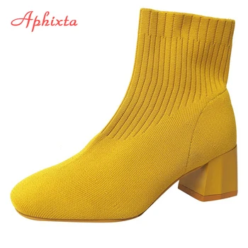 Aphixta Stretch Fabrics Чорап ботуши за жени обувки 5.5cm квадратен ток жълт плетене обувки еластични ботуши Cottton дамски обувки