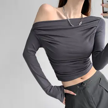 BEENLE Висок клас Горещи секси блузи извън рамото Твърди случайни кльощава дънна риза Корейски модни тениски с дълъг ръкав Тънки върхове