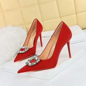 BIGTREE обувки Секси 10 см ток дами офис обувки черен червен All-мач коприна сатен парти високи токчета плитка мода жени помпи