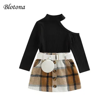 Blotona 2PCS Детски момичета пролет есен екипировки, дълъг ръкав разстояние рамо пуловер върхове + колан карирана пола комплект, 1-6Years
