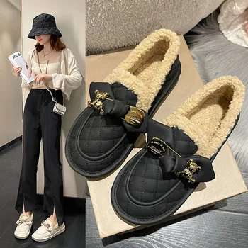 Casual Woman Shoe Round Toe Slip-on Bow-Knot Autumn Female Footwear Modis Loafers Fur Comfortable Winter Slip On Butterfly Fall
