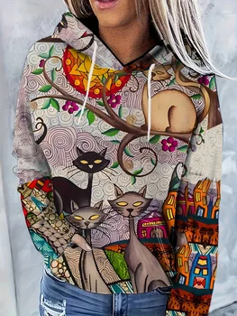 Cat Геометричен модел Суитчър с качулка Есен Зима Дълги ръкави Шнур Спортен суитчър Дамско спортно облекло Улично облекло