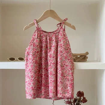 Congme Summer Girls Fashion Clothing Dress Baby Kids Korean Pink Floral Sleeveless Casual Dress Cute Princess Skirt