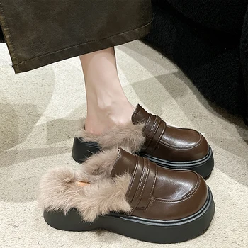 Cover Toe Fur Shoes Дамски чехли Мулета за жени 2023 Зимни обувки Med Luxury Slides Platform Pantofle Plush Designer New