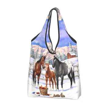 Custom Appaloosa коне през зимата пазарски чанти жени преносим голям капацитет хранителни стоки фермерска къща животните мъкна купувач чанти