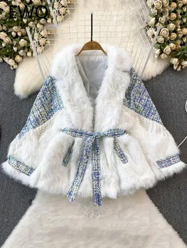 EWQ сладък стил Дамско яке пачуърк туид пачуърк трикотажни burr дантела нагоре дизайн женски палта есен зима 2023 ново