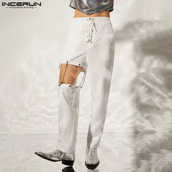 Fashion Casual Style Мъжки дълги панталони INCERUN Предни средни кръстосани ремъци Верижни панталони Мъжки кухи твърди панталони S-5XL