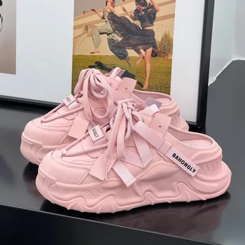 Half Drag Дамски маратонки 2023 Лято Есен Нов дизайнер платформа обувки дами не петата мека подметка плътен цвят розови обувки женски