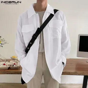 INCERUN Мъжка риза Плътен цвят ревера дълъг ръкав улично облекло 2023 Ежедневни мъжки дрехи Есенни джобове Корейски ризи за свободното време S-5XL