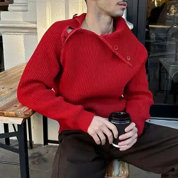 INCERUN върхове 2024 американски стил нов мъжки наклонен фуста бутон дизайн пуловер мода случайни хлабав яка плета пуловер S-5XL