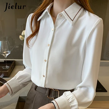 Jielur Ежедневни елегантни дамски ризи блуза хлабав OL завой-надолу яка блузи с дълъг ръкав лък синьо бяла риза женски върховете S-XXL
