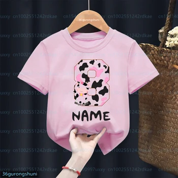 Kawaii момичета тениски сладък крава животински карикатура печат 1-9-ти рожден ден цифров персонализирано име мода модерен детска тениска розов отгоре