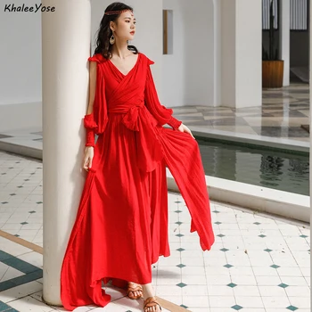 Khalee Yose Red Vintage Maxi рокля пролетен празник секси жени рокли кухи без гръб дълъг ръкав v-образно деколте дами сплит рокля