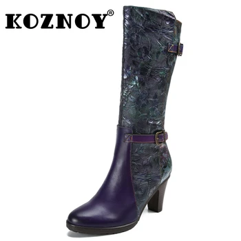 Koznoy 7.5cm синтетична естествена кожа буци токчета ZIP есен пролетта глезена плюс размер мода коляното високи ботуши жена дамски обувки