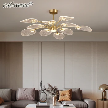 LED таван полилеи Nordic мед висящи лампа за спалня хол лотос листа форма дизайн начало декор осветителни тела