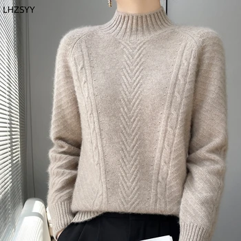 LHZSYY Зимен нов кашмирен пуловер Жените водолазка пуловери сгъстяват хлабав дълъг ръкав чиста вълна база риза топли якета върховете