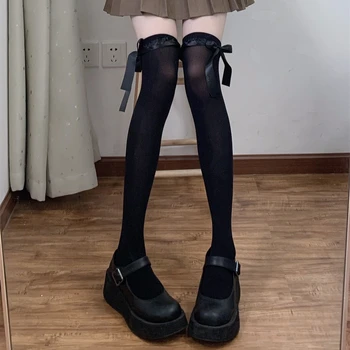 Lacework къдри чорапи чорапи жени JK японски стил превръзка Bowknot бедрото високи чорапи Лолита сладки момичета коляното високи чорапи