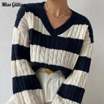 Loose пуловер жени случайни дълъг ръкав пуловер джъмпер Antumn зимата топли трикотажни върхове мода ивици пуловер женски дрехи