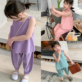 Melario Бебешки момичета дрехи комплекти лятна мода корейски стил деца момиче карирани екипировки 2бр деца жилетка и панталони за 3-7Y