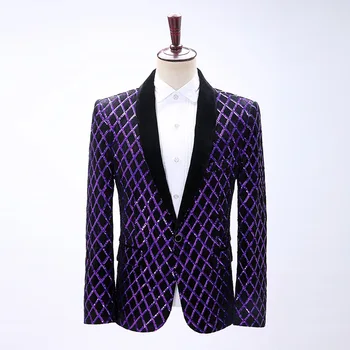 Men Design Velvet Purple Lattice Sequin Dress Suit Coats Host Singer Anchor Stage Dance Party Bar Nightclub Performance Clothes
