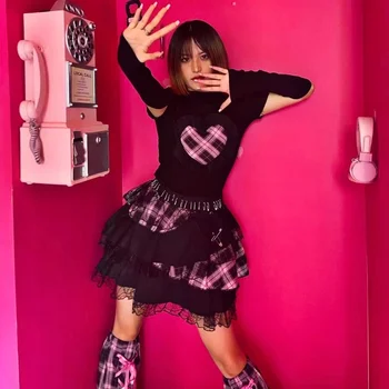 Millennial Spice Girl Rock Sweetheart Pink Plaid Cake Skirt Heavy Industry Metal Lace Yuansuo Punk Pompo Пола