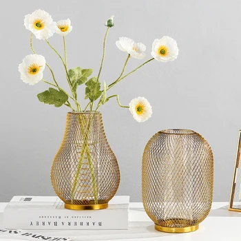 Nordic Златна желязна ваза Стъклена епруветка Хидропонна растителна ваза Творческа геометрична метална ваза за цветя Всекидневна Desktop Decor
