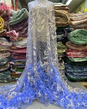 OIMG висококачествена мода африкански тюл бродерия 3D перо дантела плат луксозни мъниста и камъни за сватбена рокля парти шиене