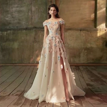 Off рамо апликация флорални рокля A-линия вечерни рокли с цепка шампанско цветя бала рокля шик 2023 печат рокля някога красива