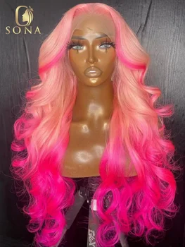 Ombre светло розово зелено черно вълнообразно предварително оскубани 13X4 дантела предна перука 13X6 HD прозрачна дантела фронтална перука човешка коса перуки за жени
