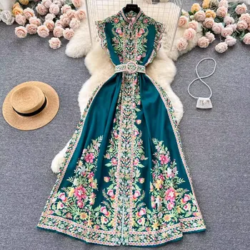 Palce стил дамски летен печат флорални роба дълга рокля стойка врата летящ ръкав еднореден рокля празник Boho плажна рокля