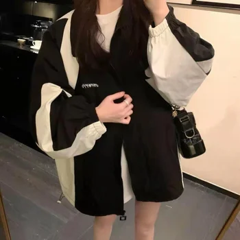QWEEK Ветровка якета Harajuku извънгабаритни улично облекло черно тренч яке двойка дрехи корейски мода колеж палта Ново 2023