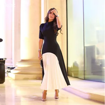 Qanz Реколта арабски абитуриентски рокли O врата бели и черни сатенени рокли за жени къси ръкави глезена дължина вечерни рокли плюс