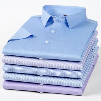 Qulity Smart Casual Ризи с къс ръкав за мъже летни еластични ризи против бръчки раирани социални тънки годни официални ризи дрехи