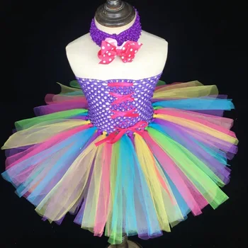 Rainbow Color Girls Ribbon Tutu Dress Baby Fluffy 2Layers Tulle Dress Ballet Tutu with Dots Bow Headband Kids Corset Party Dress
