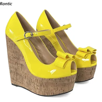 Rontic Нови ръчно изработени жени платформа помпи корк клинове токчета Peep Toe доста жълто лилаво парти обувки САЩ плюс размер 5-20