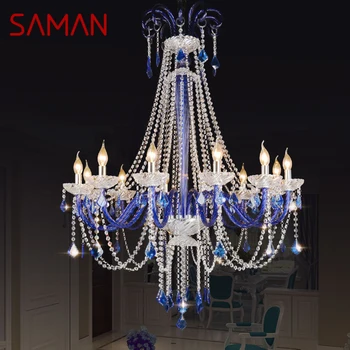 SAMAN европейски стил кристал пендент лампа синя свещ лампа хол ресторант вила стълбище дуплекс сграда KTV Chandelie