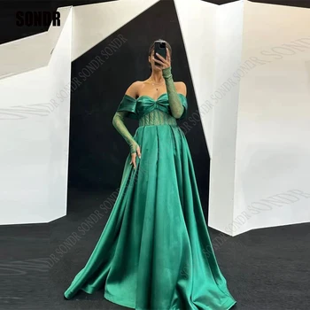 SONDR Модерен зелен A Line Sweetheart абитуриентски рокли дълги ръкави сатенена апликация дантела цветя арабски жени вечерни рокли рокля